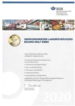 Zertifikat Berufsgenossenschaft Nahrungsmittel und Gastgewerbe Hoereder Beck